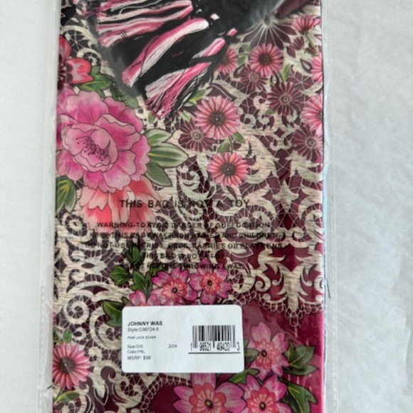 Johnny Was Pink Lace Silk Scarf Square Large Bold Floral Black Flower Tassels NW - Picture 4 of 6
